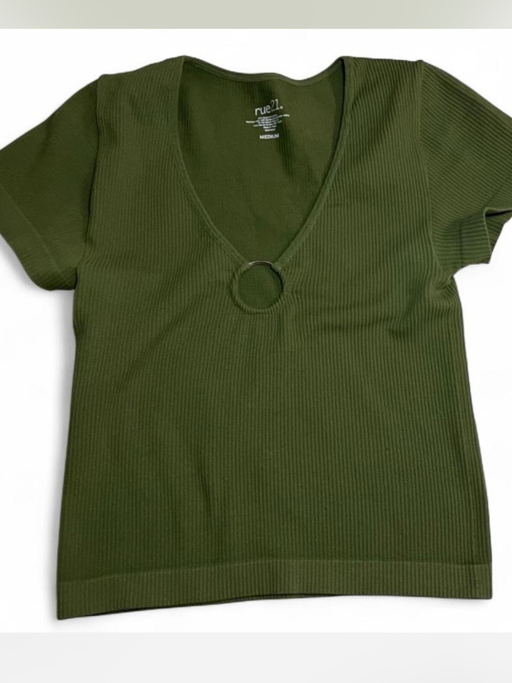 rue21 Olive Ribbed V-Neck Short Sleeve Top with Ring Accent